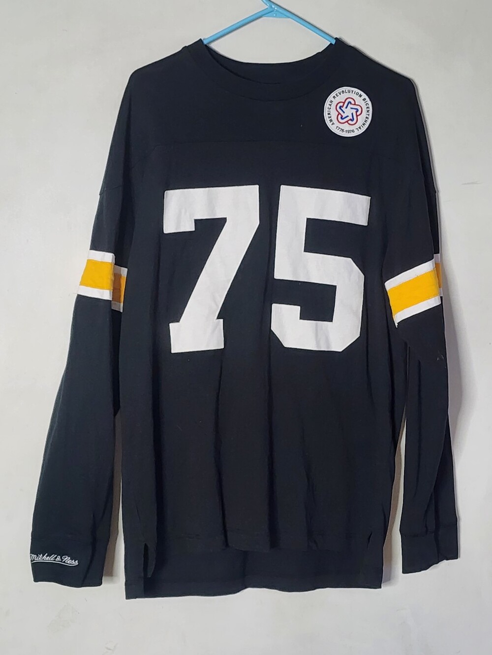 Mitchell & Ness Black Long-Sleeve Jersey with White '75' and Yellow Stripes